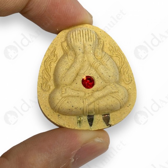 PidTa Lp Chuen BE.2545 YELLOW Closed-Eye 3-Takrud Red Gem Thai Amulet Protection