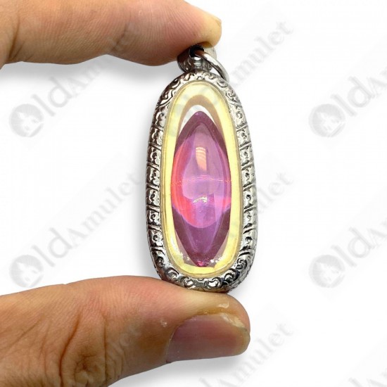 Pink Naga-eye Small Rugby Pendant Thai Amulet Leklai Gemstone Wealthy Lucky