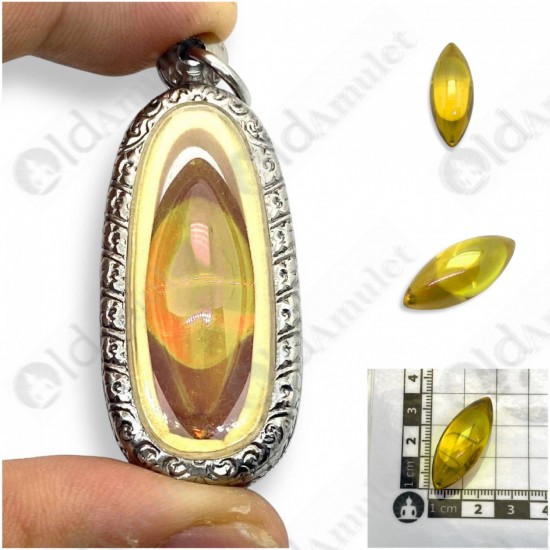 Yellow Naga-eye Small Rugby Pendant Thai Amulet Leklai Gemstone Wealthy Lucky