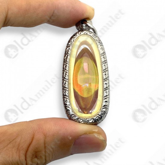 Yellow Naga-eye Small Rugby Pendant Thai Amulet Leklai Gemstone Wealthy Lucky